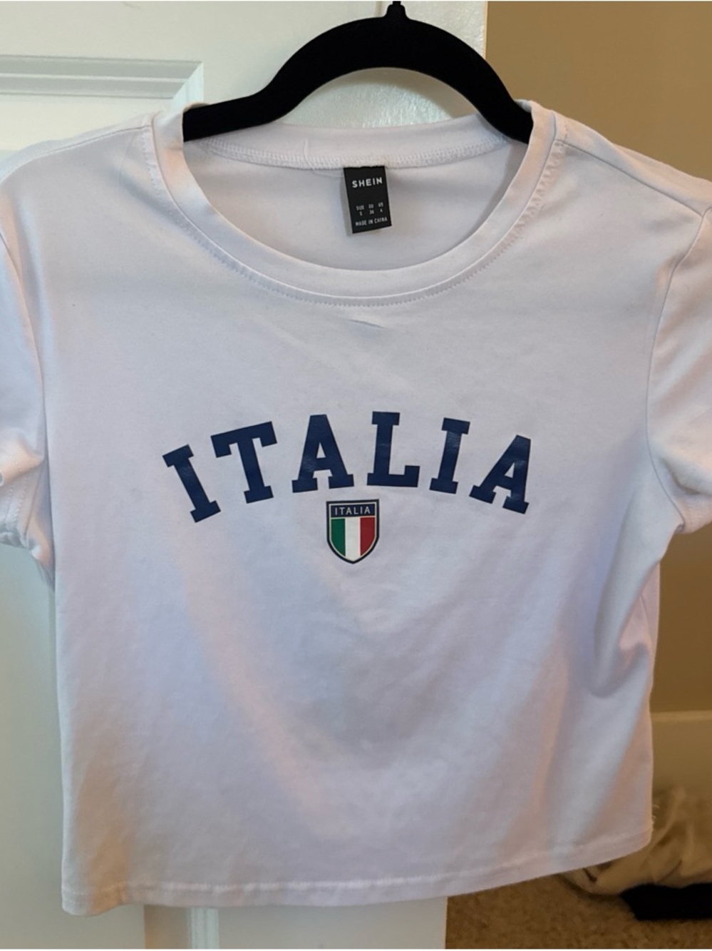 SHEIN White Italia Graphic Tee with Navy Lettering